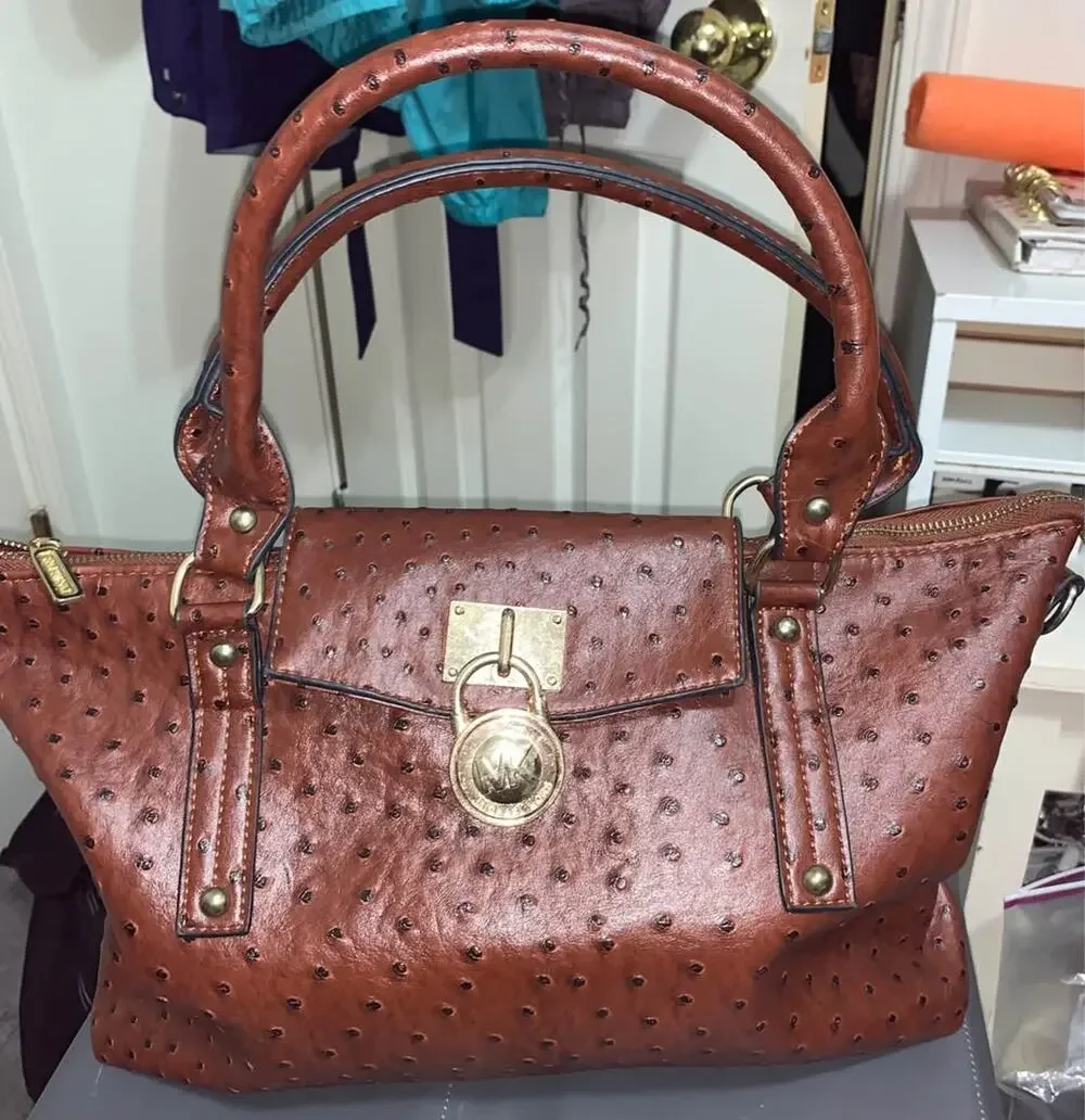 Michael Kors Hamilton Ostrich Embossed Leather Satchel - Brown